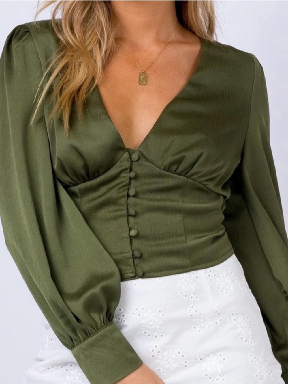 Princess Polly Olive Button-Front V-Neck Puff Sleeve Top
